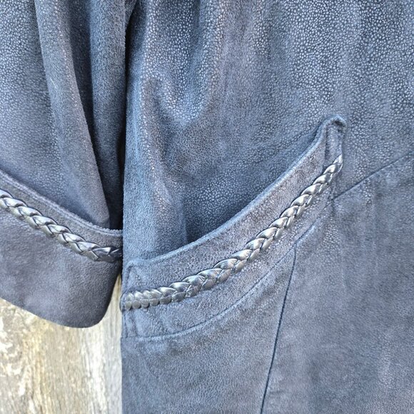 Vintage Black Leather Trench Coat jacket Womens Size L Braided Trim Mid Length - Picture 7 of 14
